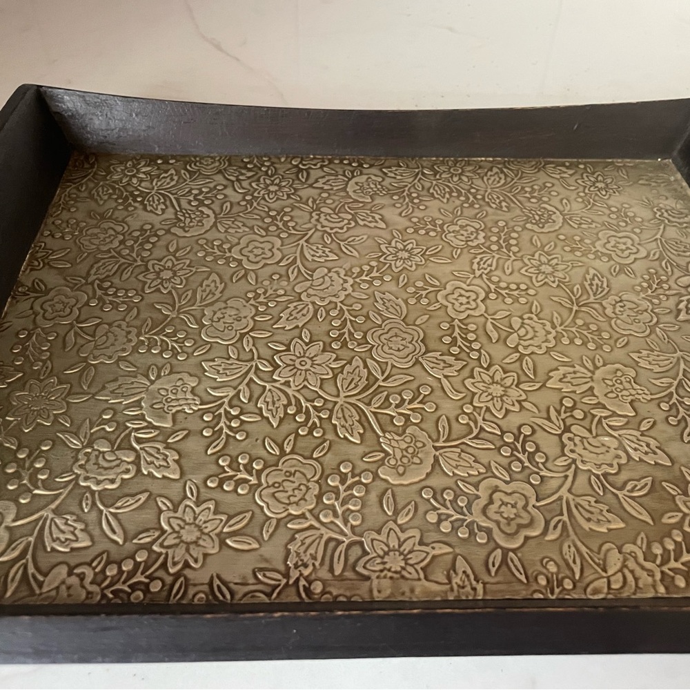 Wood & Embossed Hammered Brass Floral Design Serving Tray
